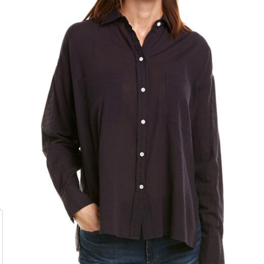 Vince Textured Double Placket Button Down Navy Shirt